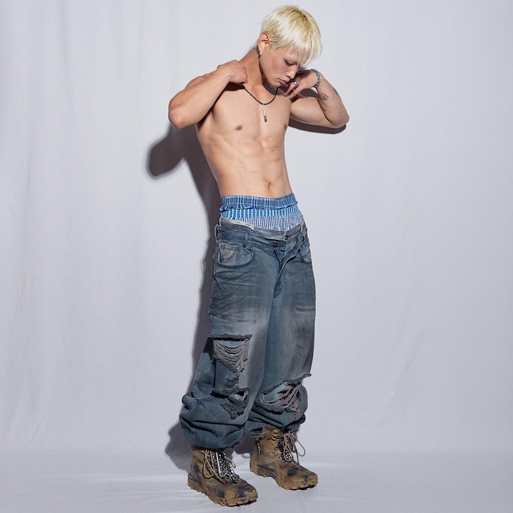 Destroyed Oil Washed Wide Denim Pants