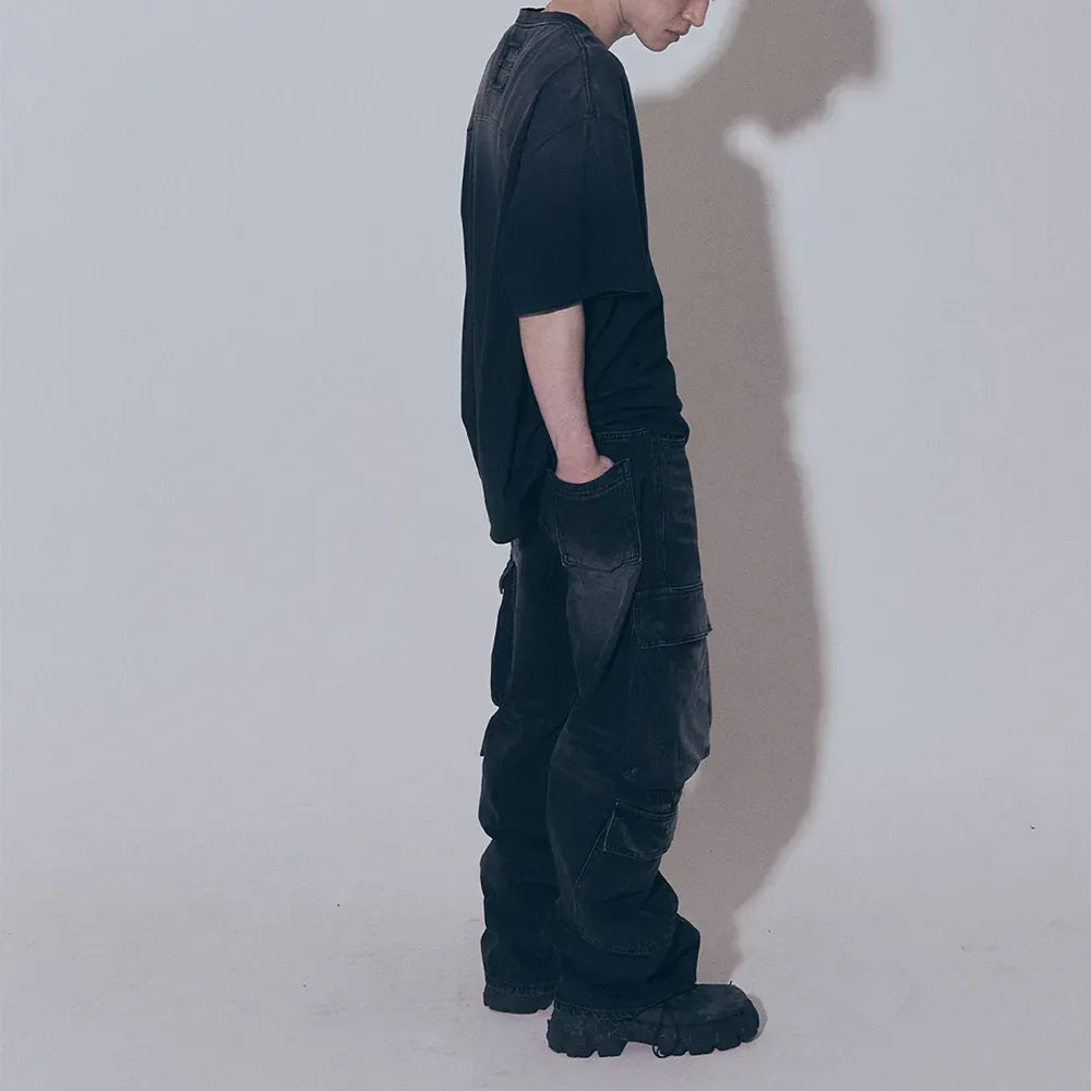 Curved Quad Cargo Washing Denim Pants - BLR BLUER - VENTURER