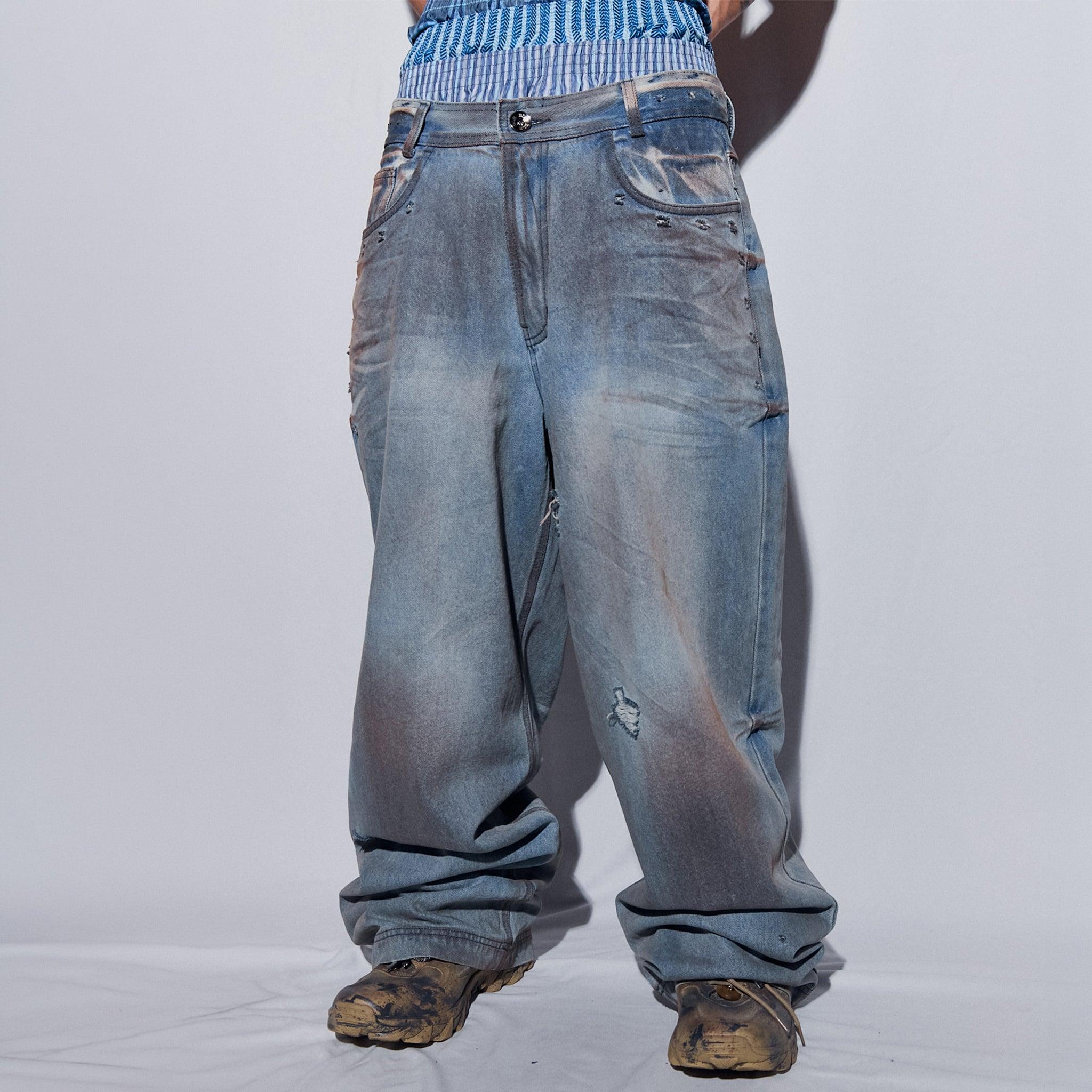 Punched Dirty Wide Denim Pants