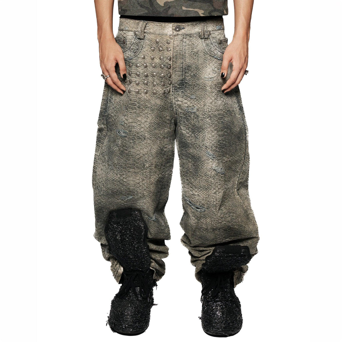 Kelsey Waxed Distressed Baggy Denims with Studs