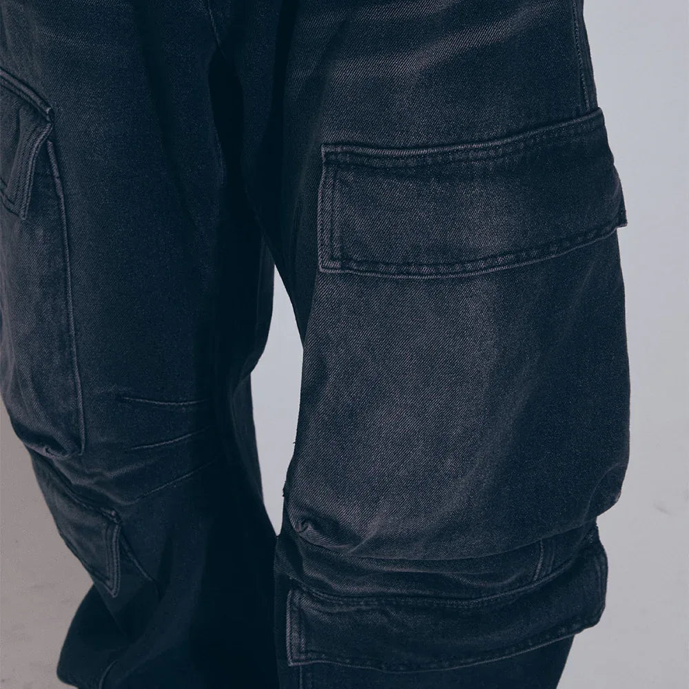 Curved Quad Cargo Washing Denim Pants - BLR BLUER - VENTURER