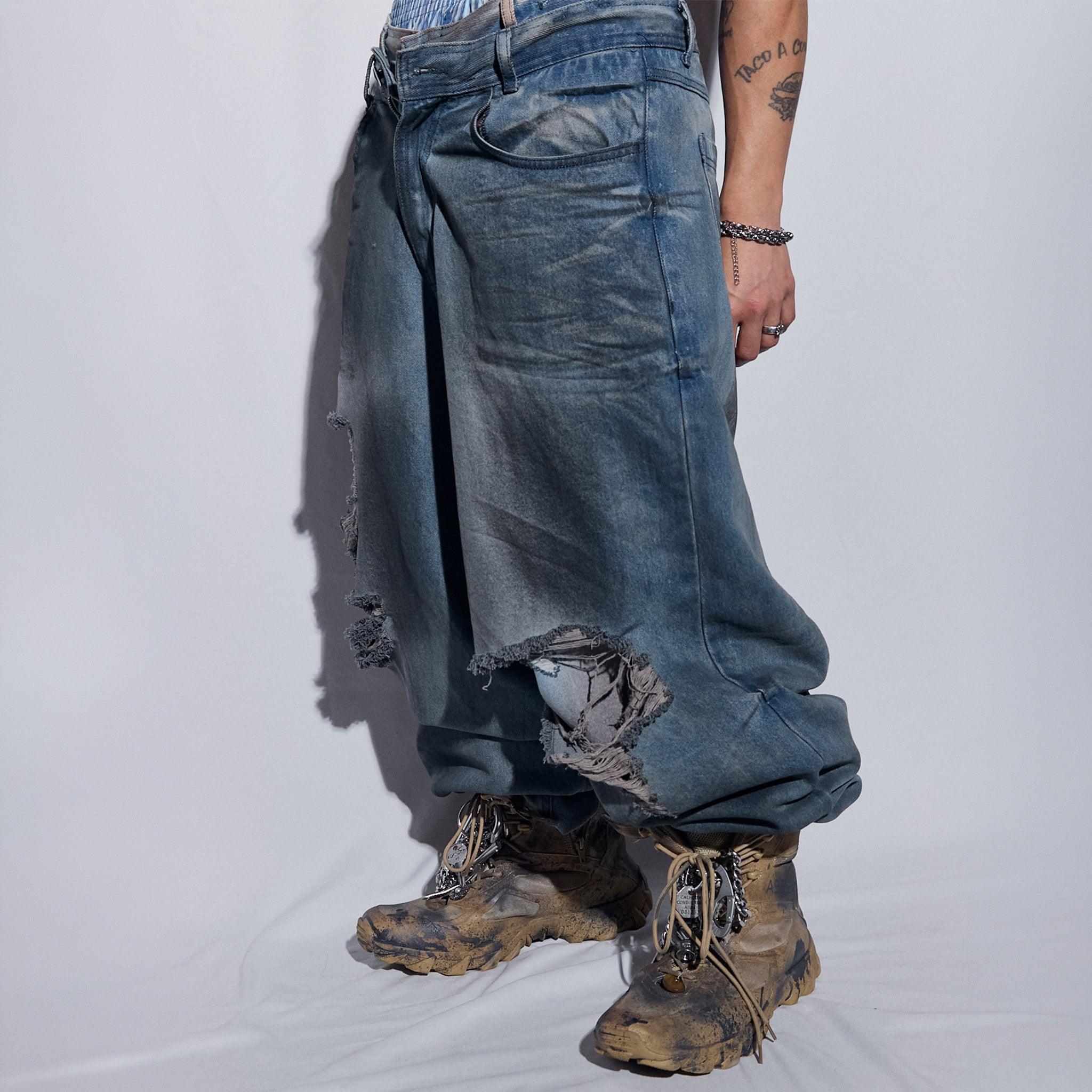 Destroyed Oil Washed Wide Denim Pants