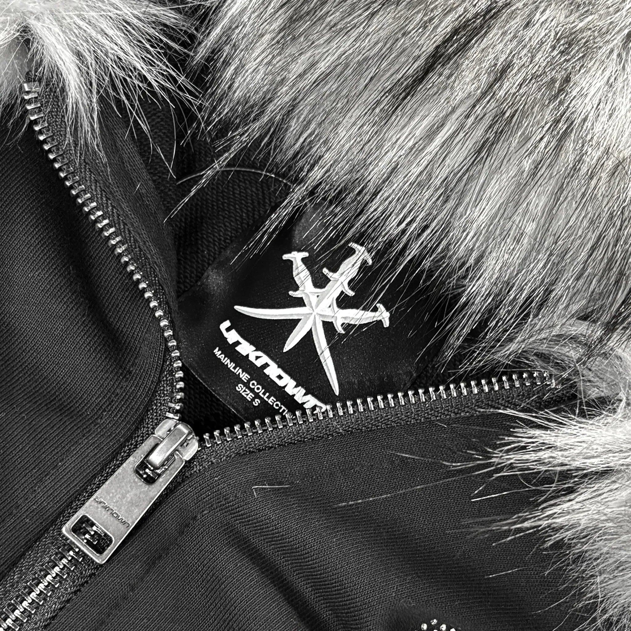 Cross Rhinestone Faux Fur Zip Hoodie - UNKNOWN LONDON - VENTURER