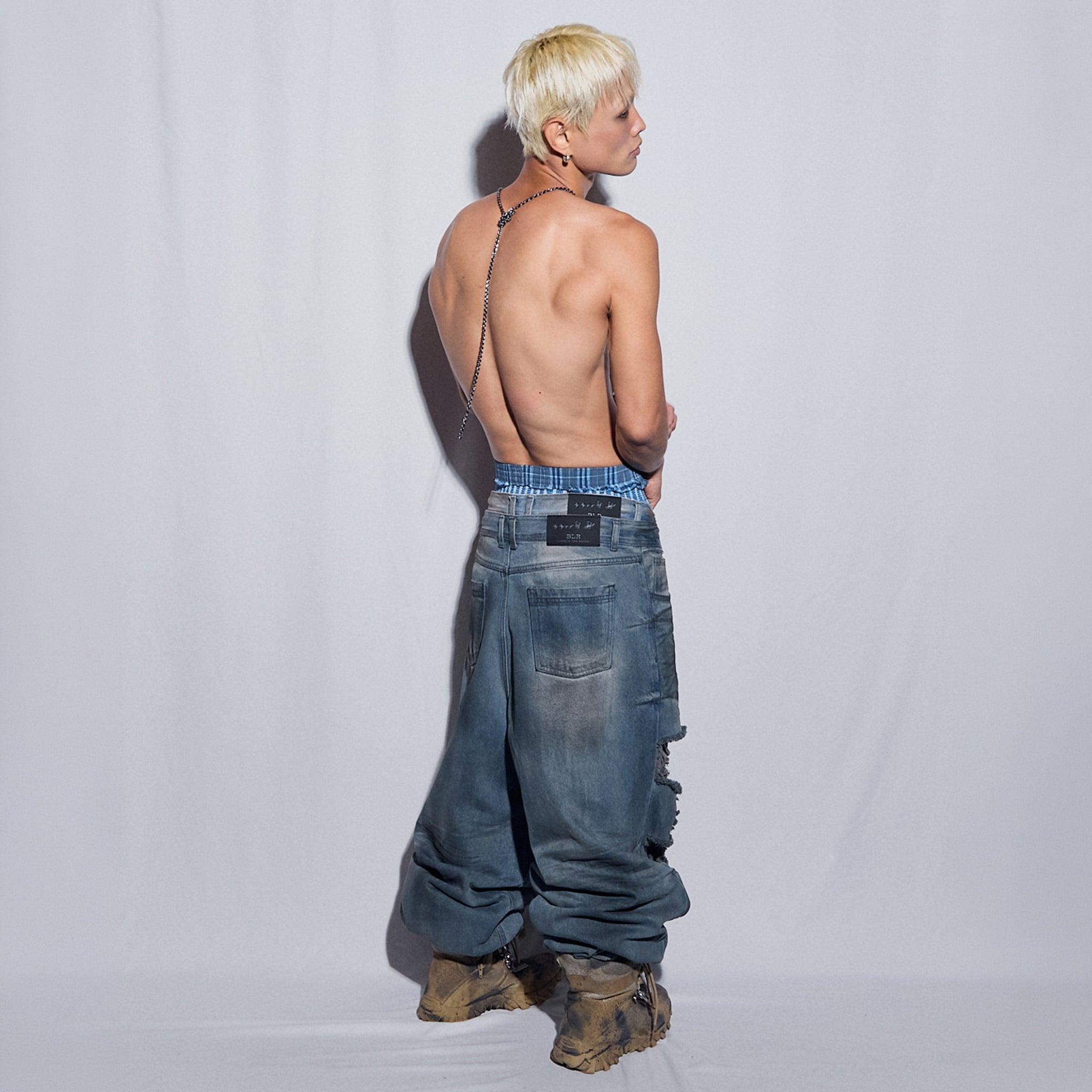 Destroyed Oil Washed Wide Denim Pants