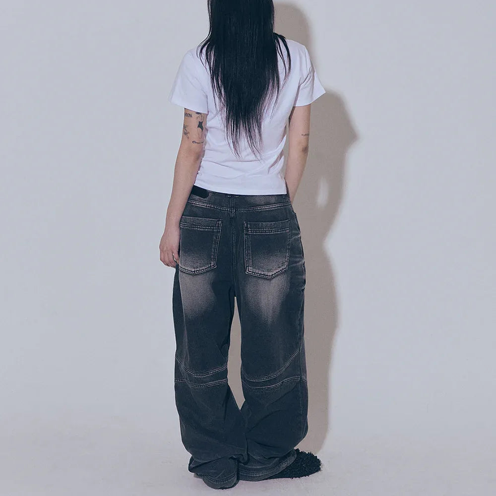 Embossed Wave Washing Wide Denim Pants - BLR BLUER - VENTURER