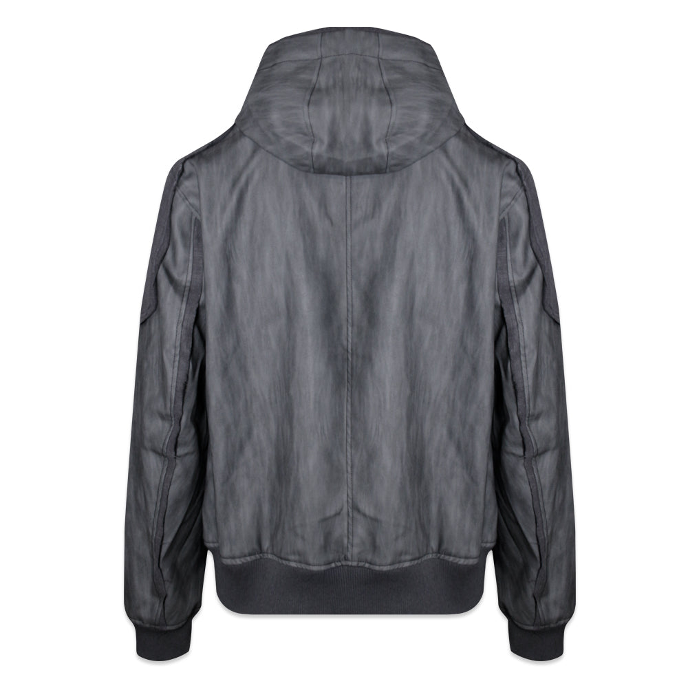 Destroyed Leather and Linen Hoodie Zip-up Jacket