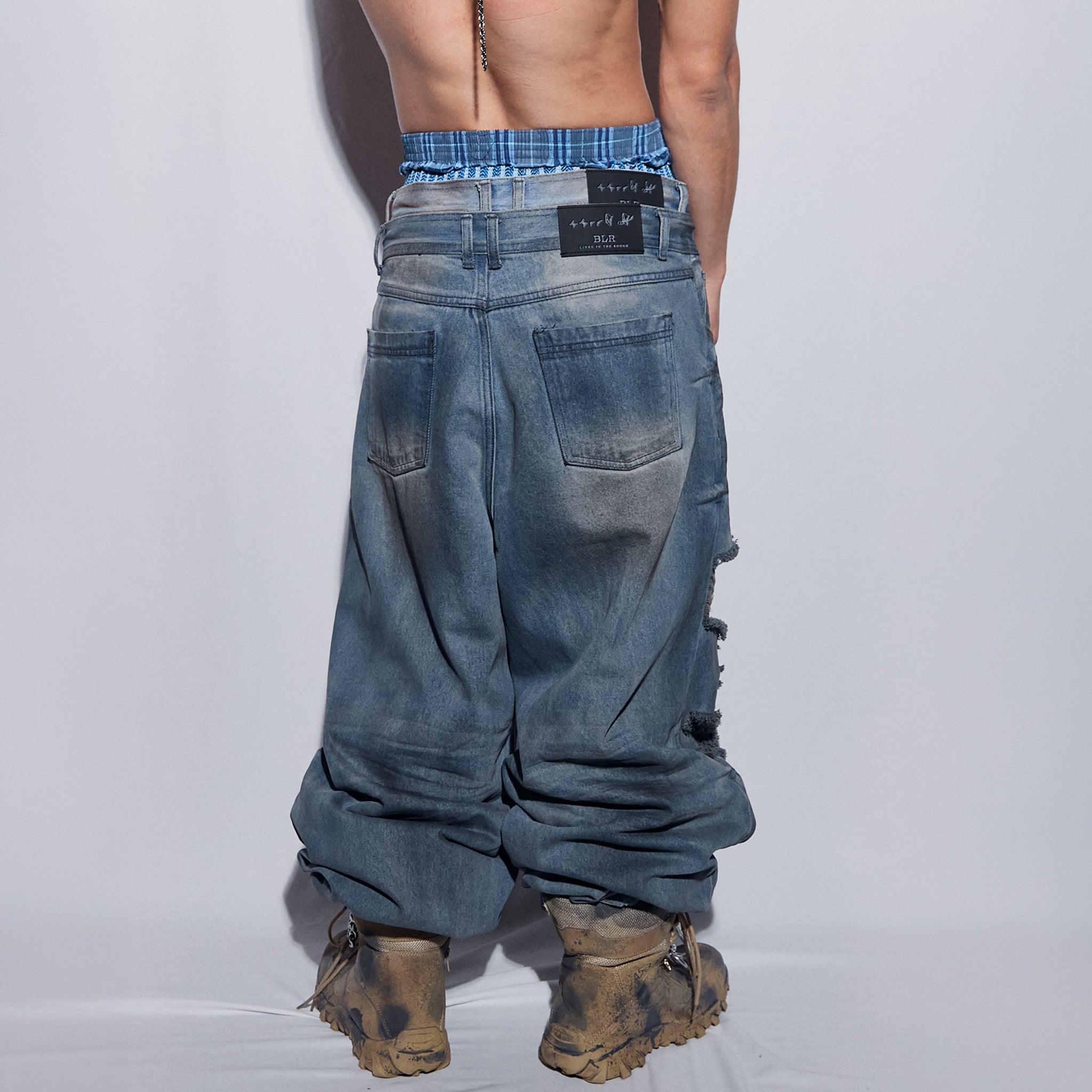 Destroyed Oil Washed Wide Denim Pants