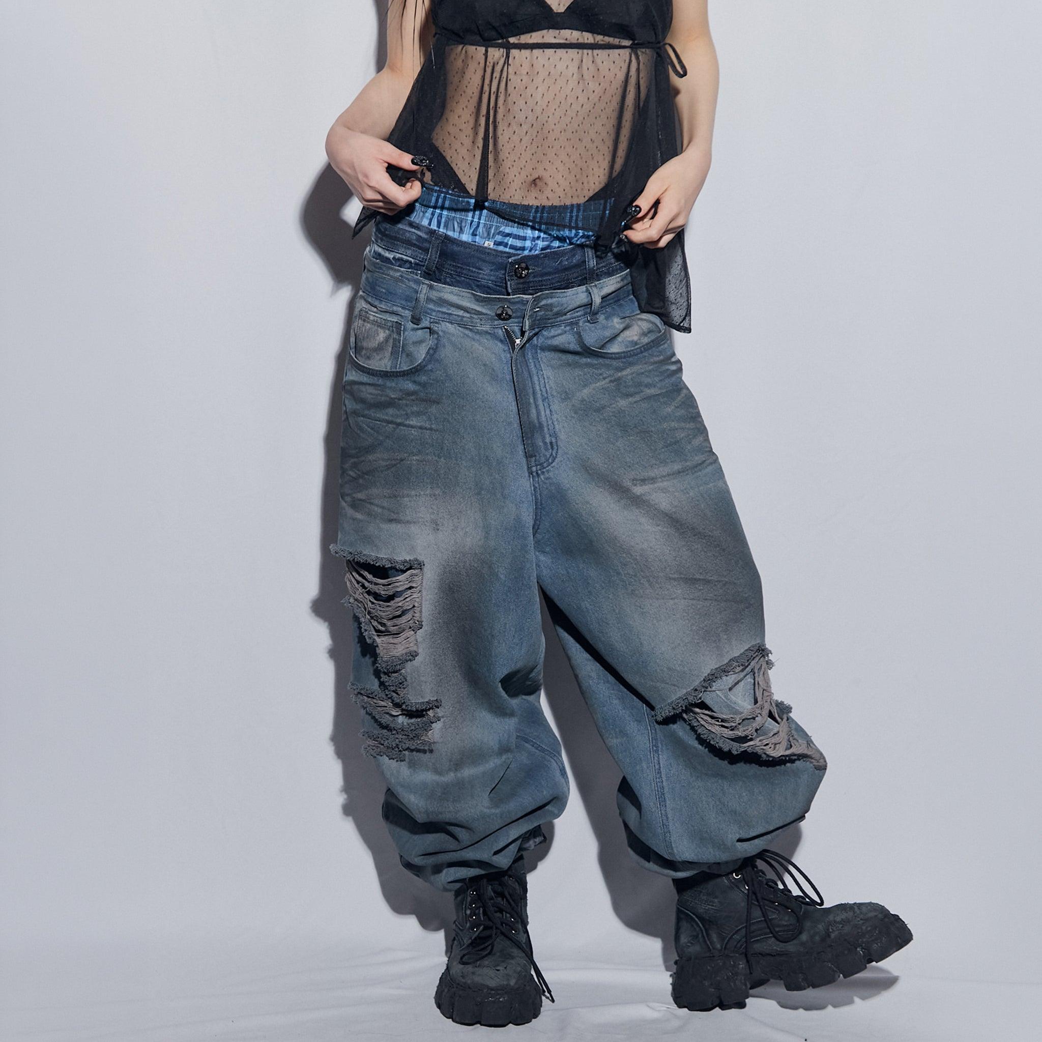 Destroyed Oil Washed Wide Denim Pants