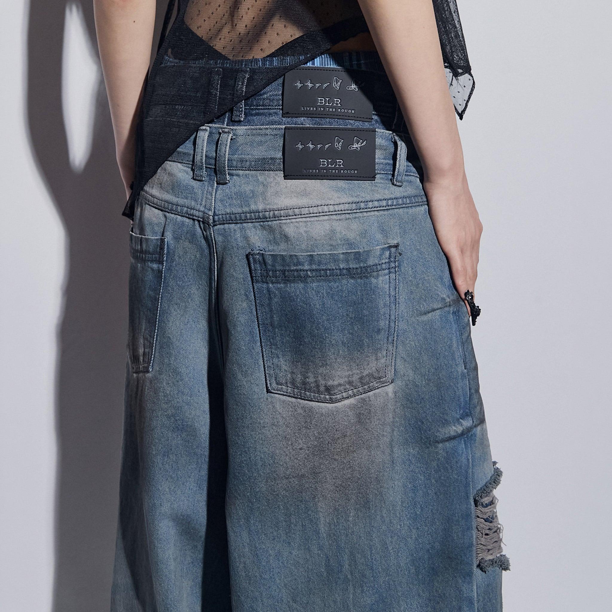 Destroyed Oil Washed Wide Denim Pants