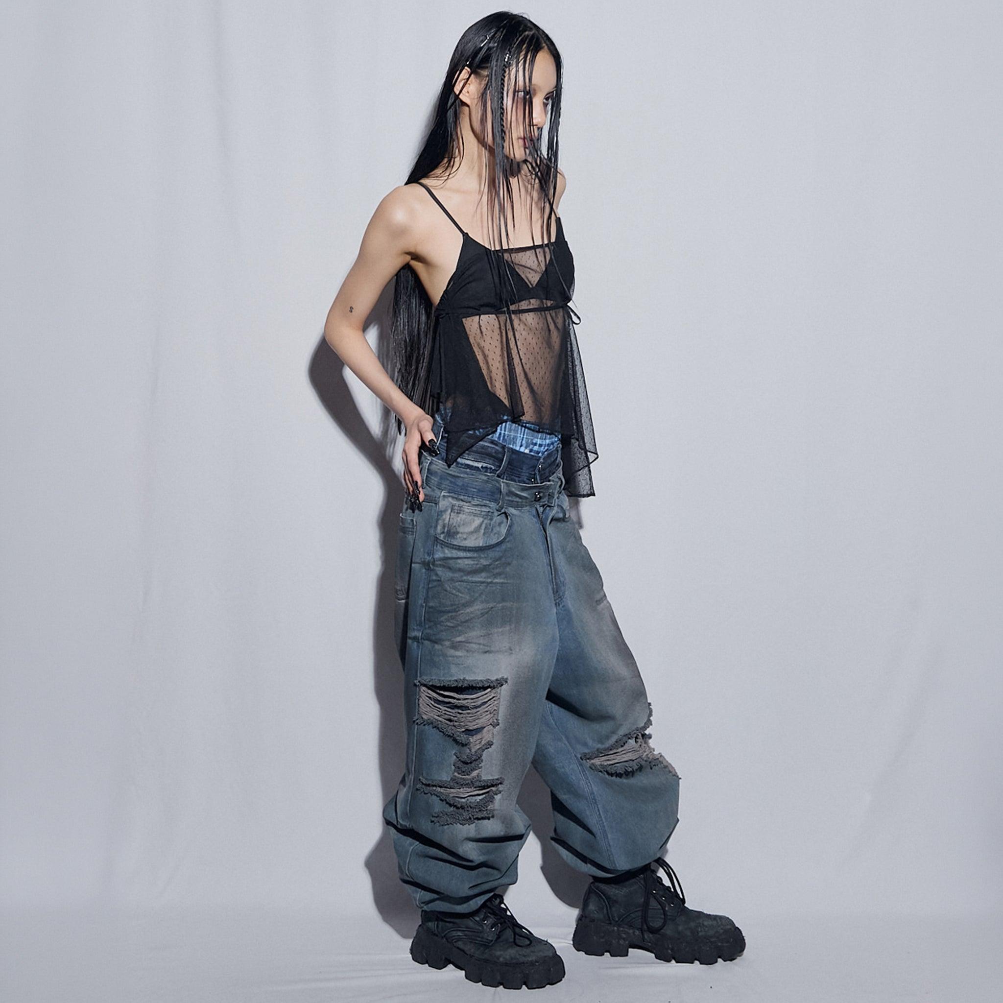 Destroyed Oil Washed Wide Denim Pants