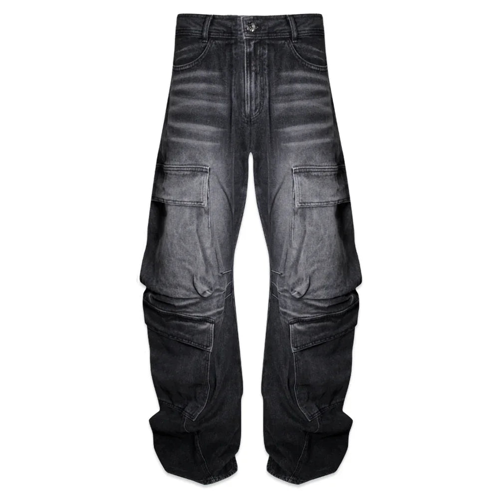 Curved Quad Cargo Washing Denim Pants - BLR BLUER - VENTURER
