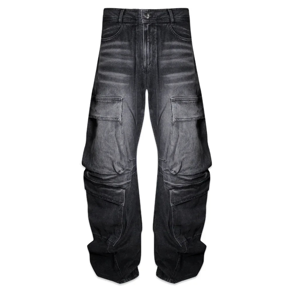 Curved Quad Cargo Washing Denim Pants - BLR BLUER - VENTURER