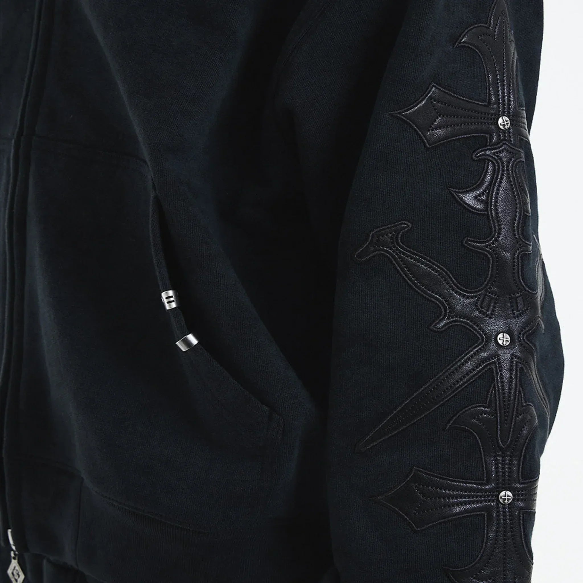 Dagger Cross Leather Patch Zip Hoodie - UNKNOWN LONDON - VENTURER