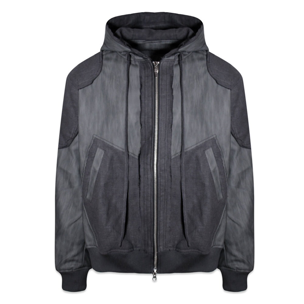 Destroyed Leather and Linen Hoodie Zip-up Jacket