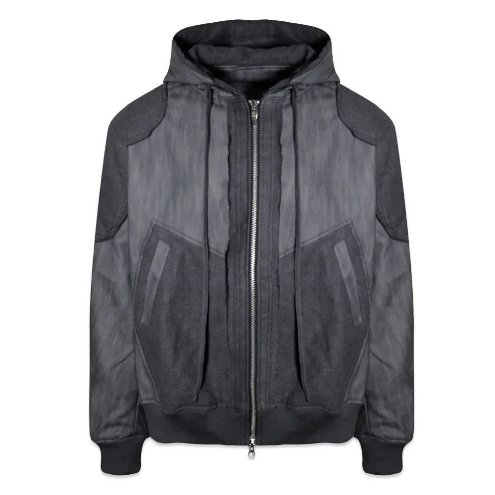 Destroyed Leather and Linen Hoodie Zip-up Jacket - BLR BLUER - VENTURER