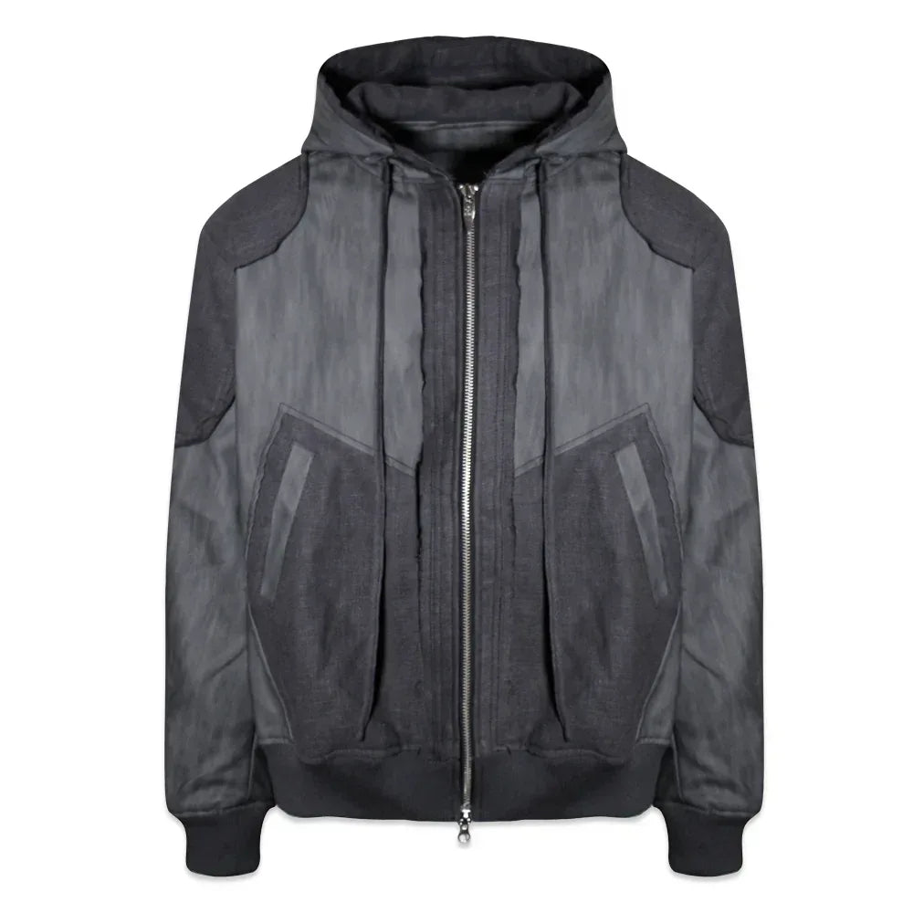 Destroyed Leather and Linen Hoodie Zip-up Jacket - BLR BLUER - VENTURER