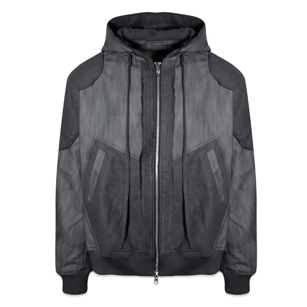 Destroyed Leather and Linen Hoodie Zip-up Jacket - BLR BLUER - VENTURER