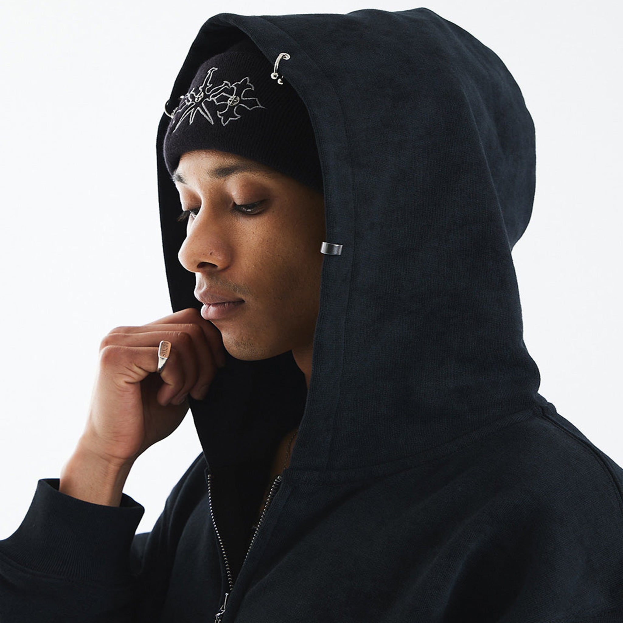 Dagger Cross Leather Patch Zip Hoodie