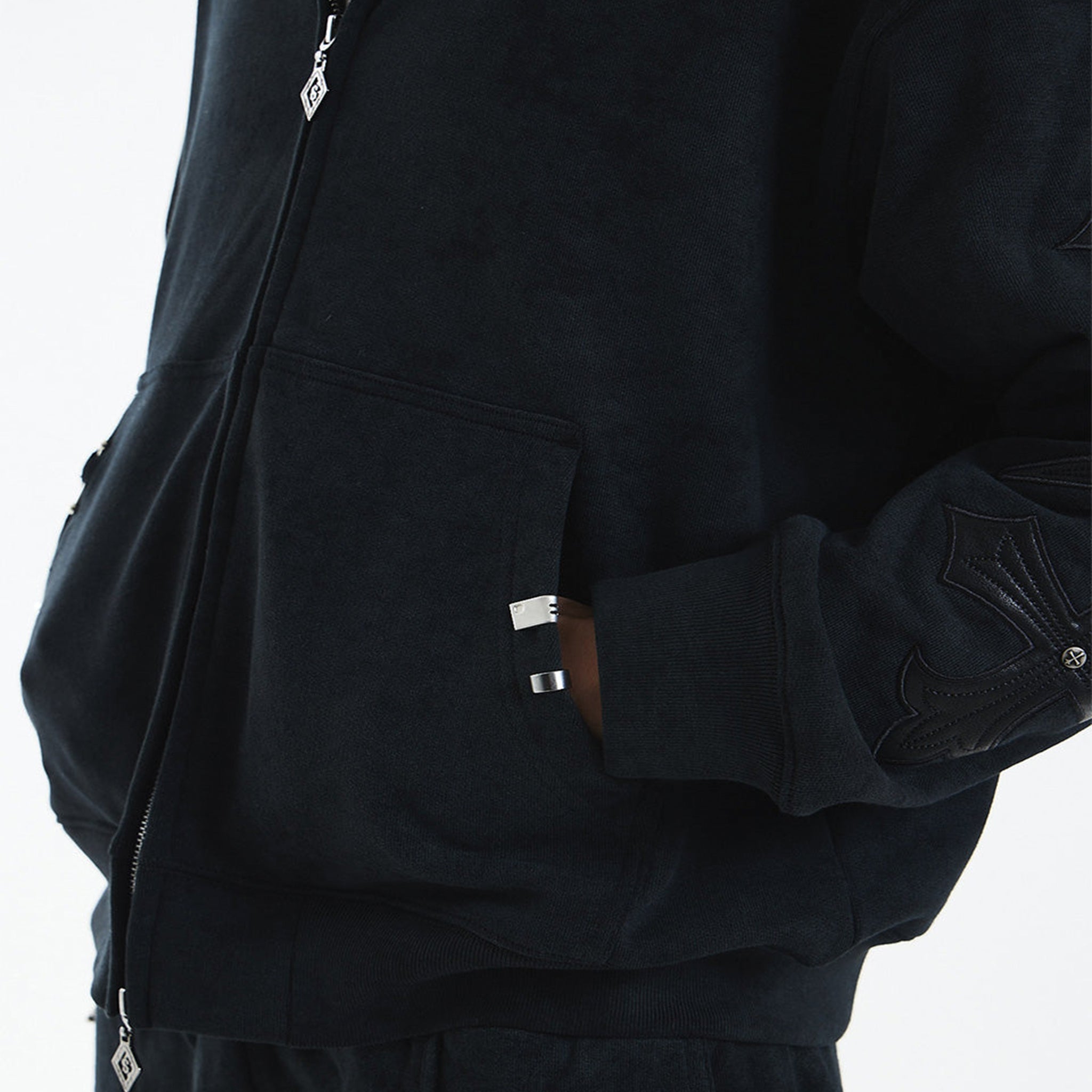 Dagger Cross Leather Patch Zip Hoodie