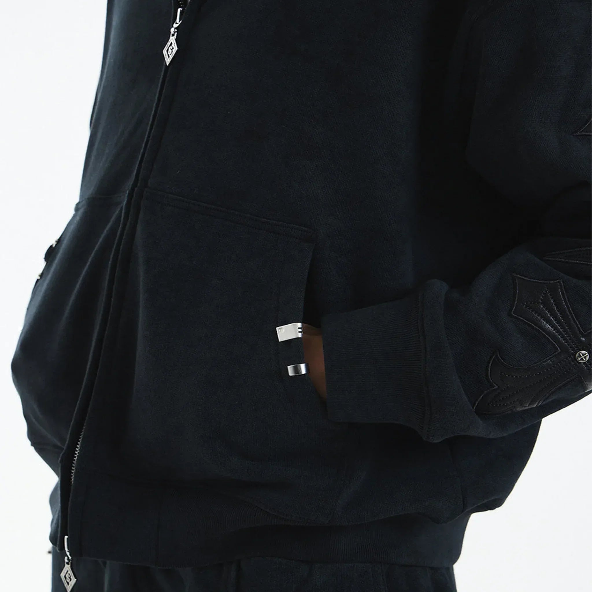 Dagger Cross Leather Patch Zip Hoodie - UNKNOWN LONDON - VENTURER