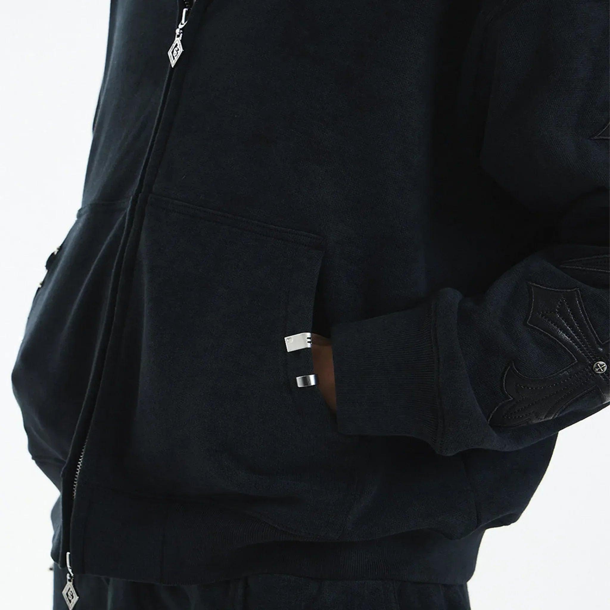 Dagger Cross Leather Patch Zip Hoodie - UNKNOWN LONDON - VENTURER