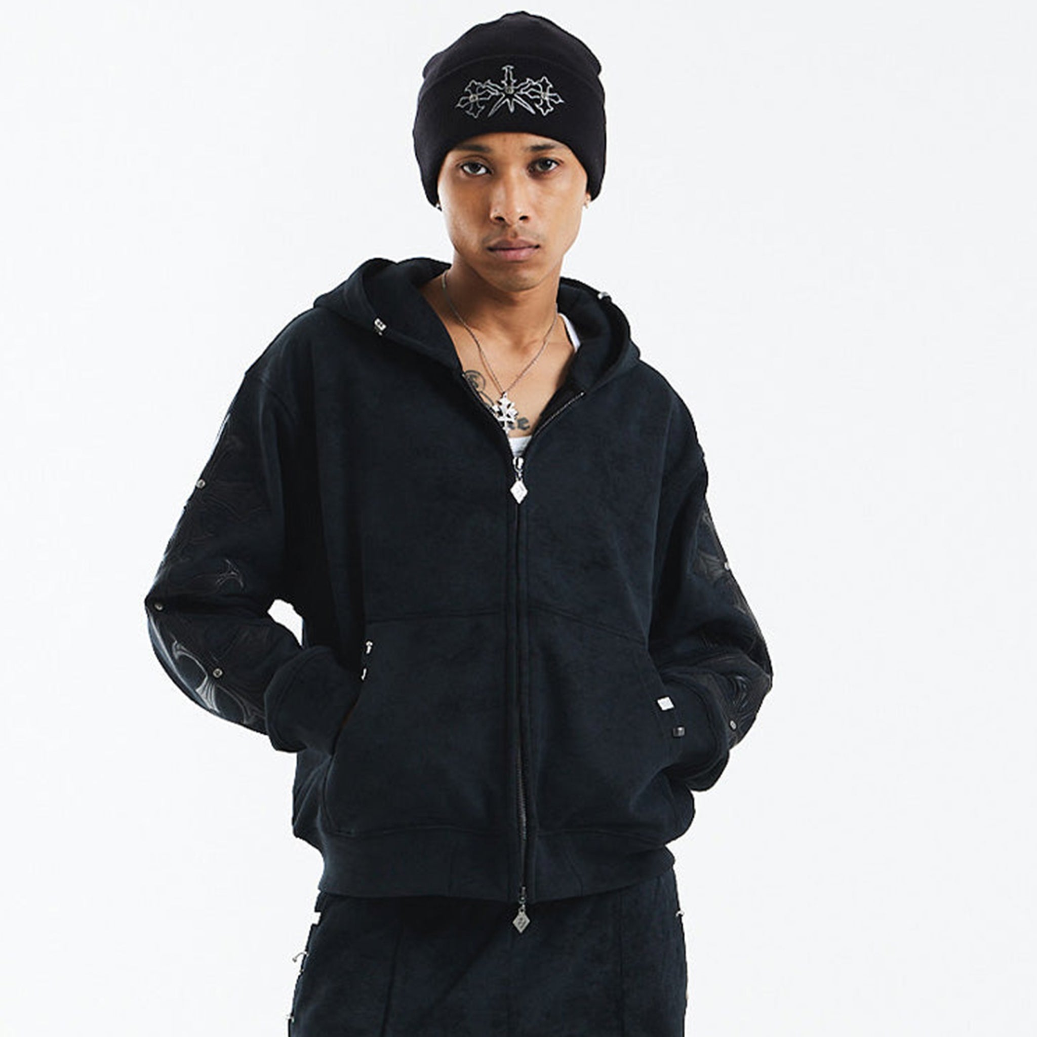 Dagger Cross Leather Patch Zip Hoodie