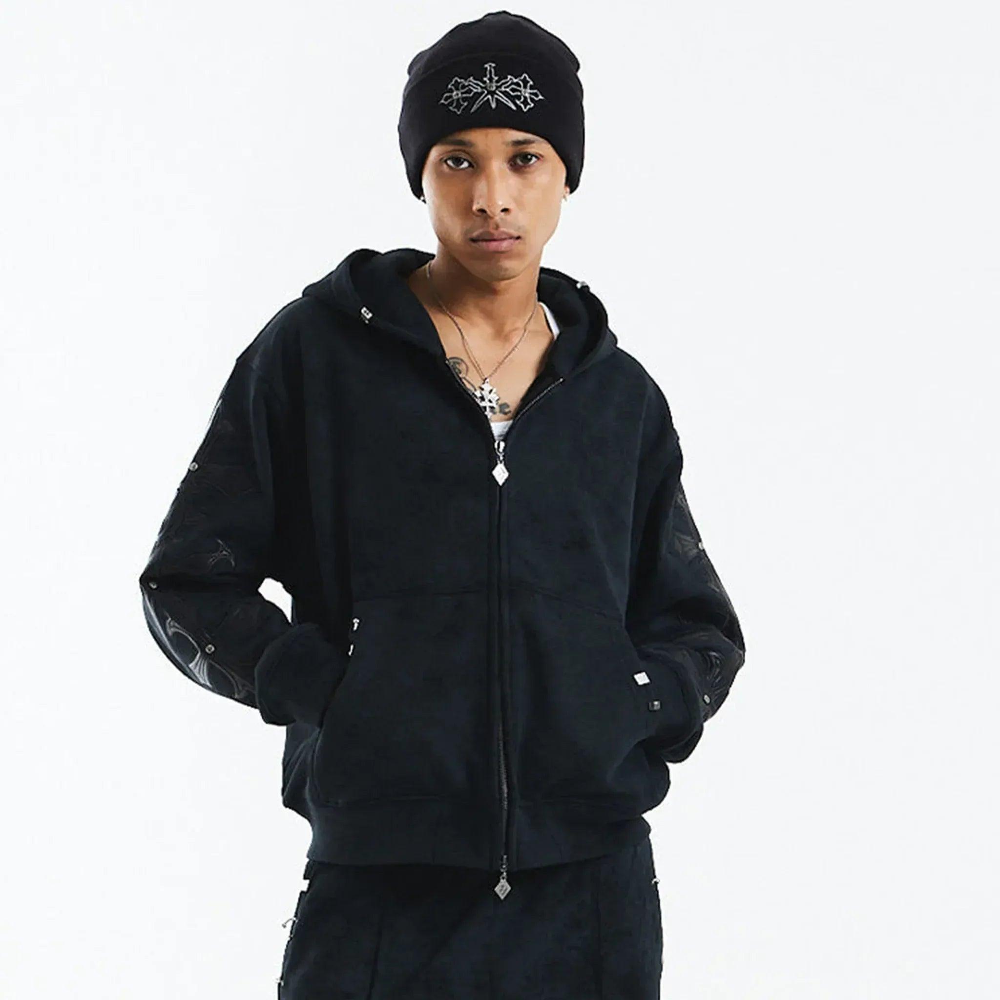 Dagger Cross Leather Patch Zip Hoodie - UNKNOWN LONDON - VENTURER
