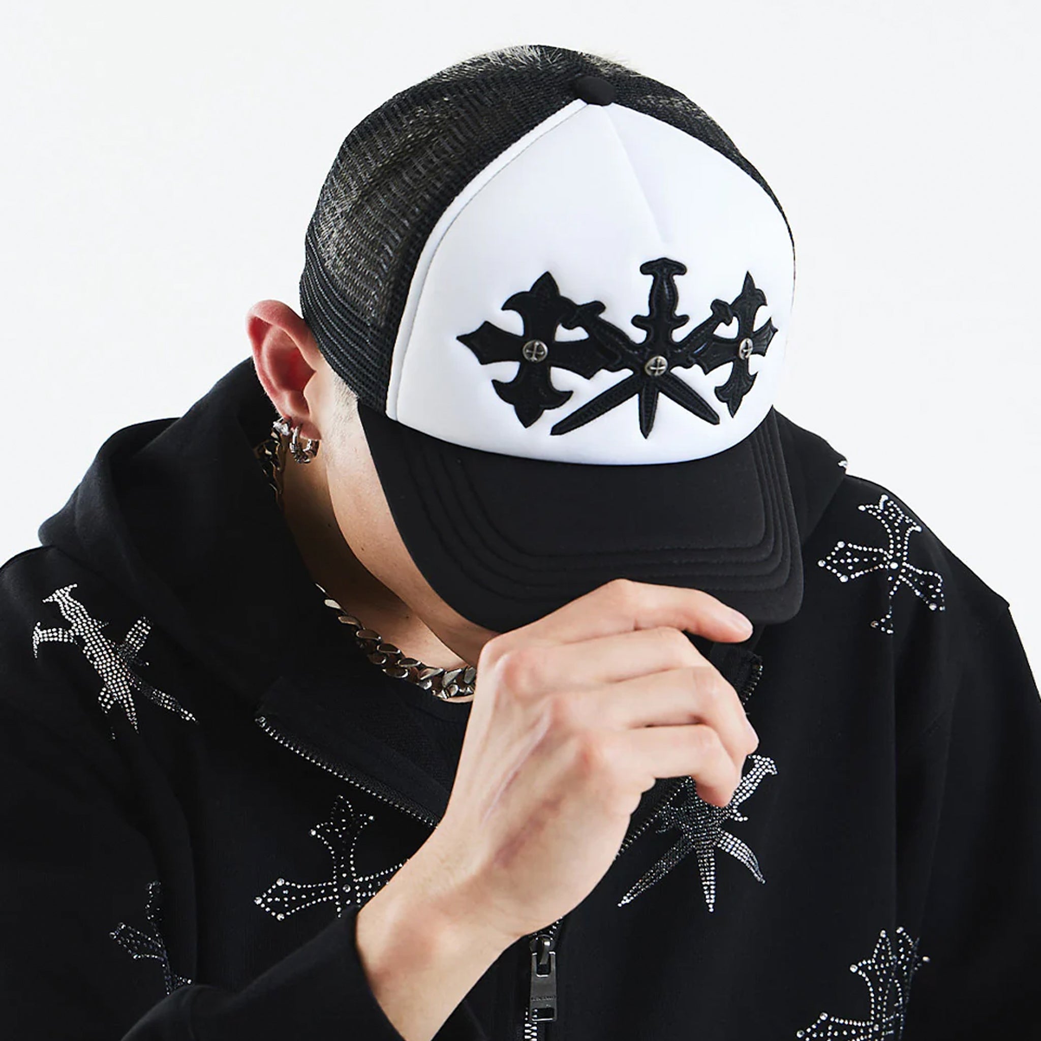 Dagger Cross Leather Patch Mesh Cap