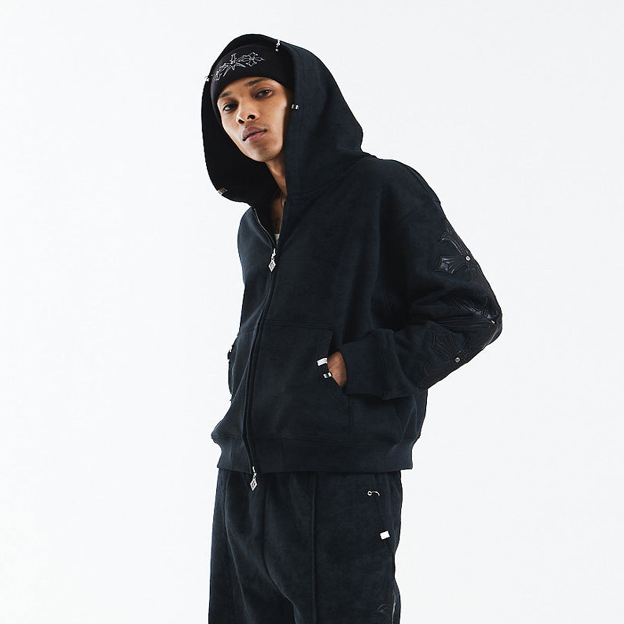 Dagger Cross Leather Patch Zip Hoodie