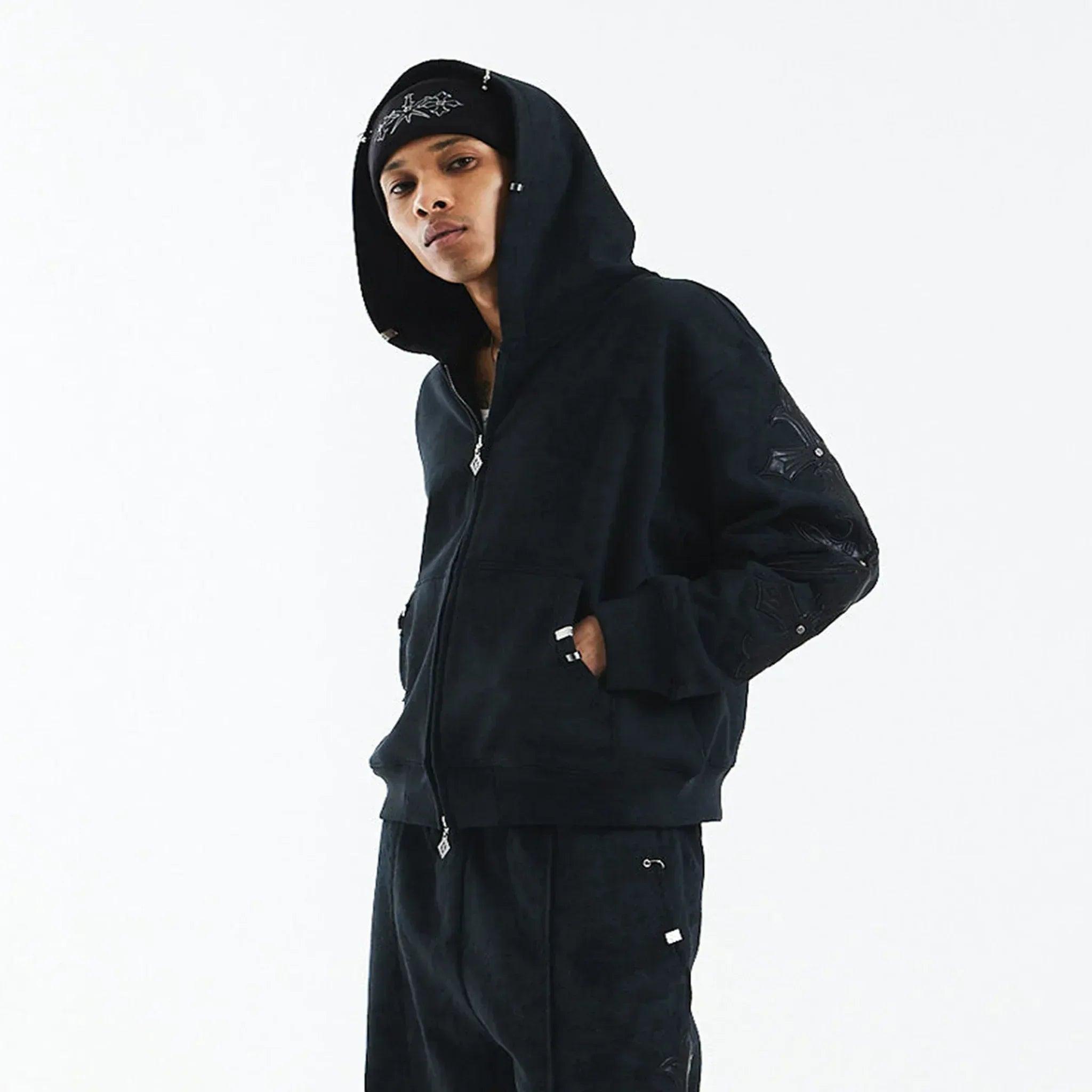 Dagger Cross Leather Patch Zip Hoodie - UNKNOWN LONDON - VENTURER