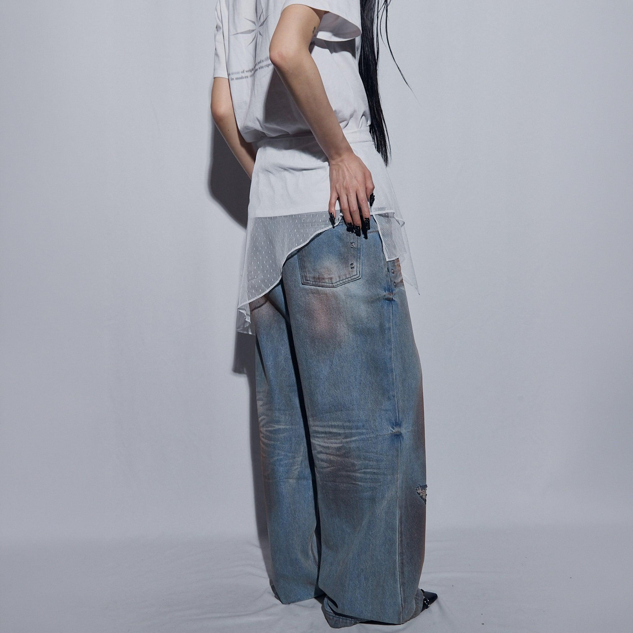 Punched Dirty Wide Denim Pants