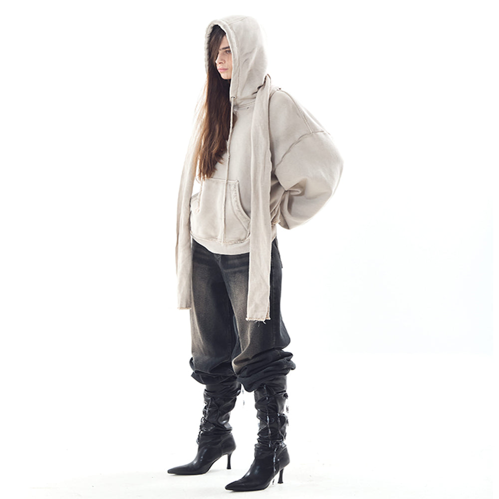 Dyed Raw-edged Hoodie with Linen Muffler