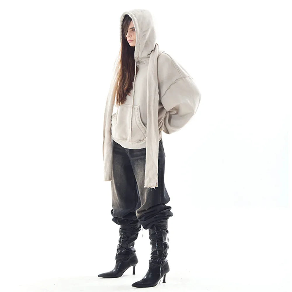 Dyed Raw-edged Hoodie with Linen Muffler - BLR BLUER - VENTURER