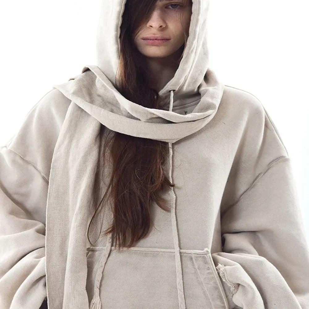 Dyed Raw-edged Hoodie with Linen Muffler - BLR BLUER - VENTURER