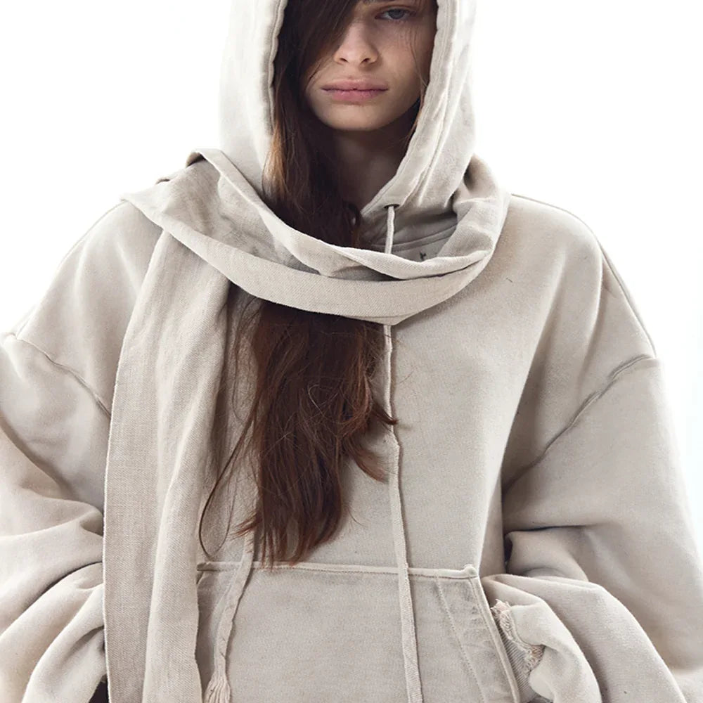 Dyed Raw-edged Hoodie with Linen Muffler - BLR BLUER - VENTURER