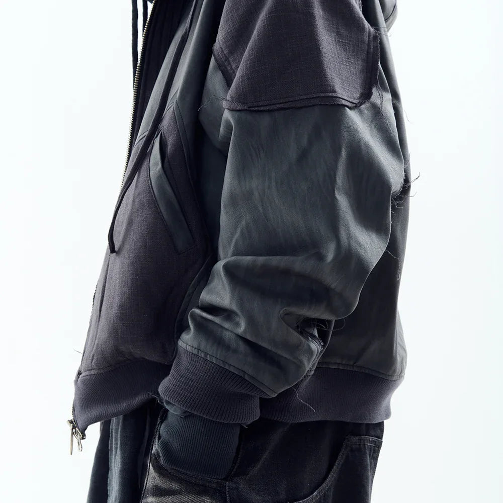 Destroyed Leather and Linen Hoodie Zip-up Jacket - BLR BLUER - VENTURER