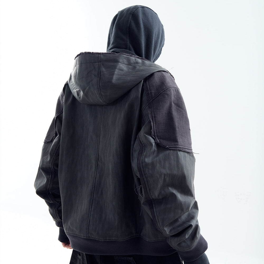Destroyed Leather and Linen Hoodie Zip-up Jacket - BLR BLUER - VENTURER