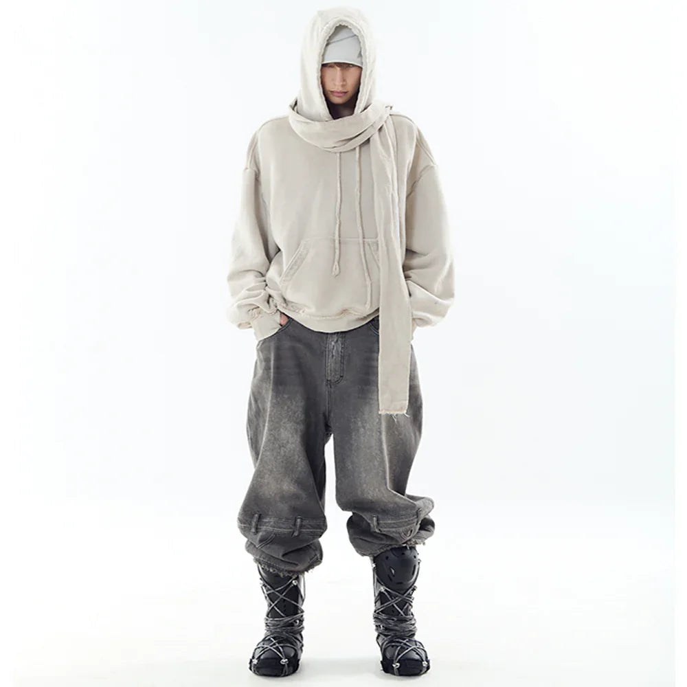 Dyed Raw-edged Hoodie with Linen Muffler - BLR BLUER - VENTURER
