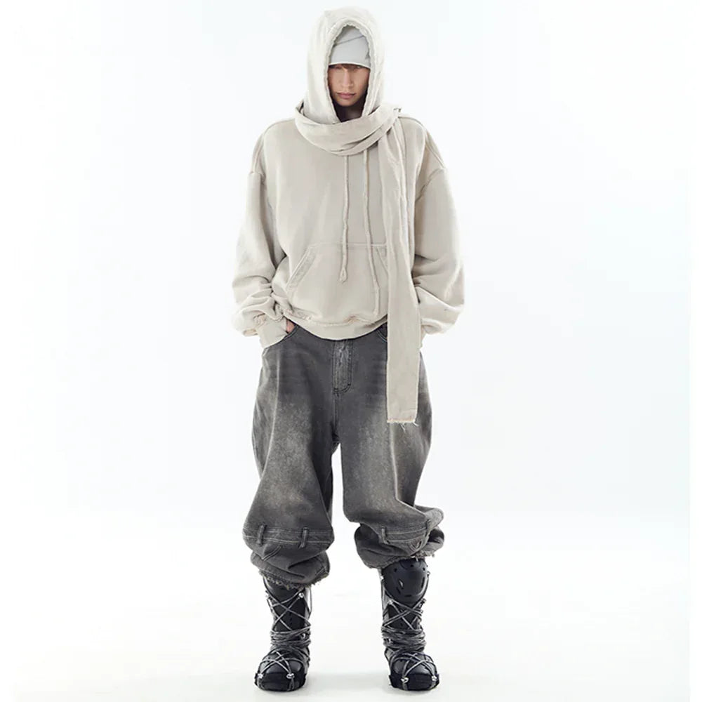 Dyed Raw-edged Hoodie with Linen Muffler - BLR BLUER - VENTURER