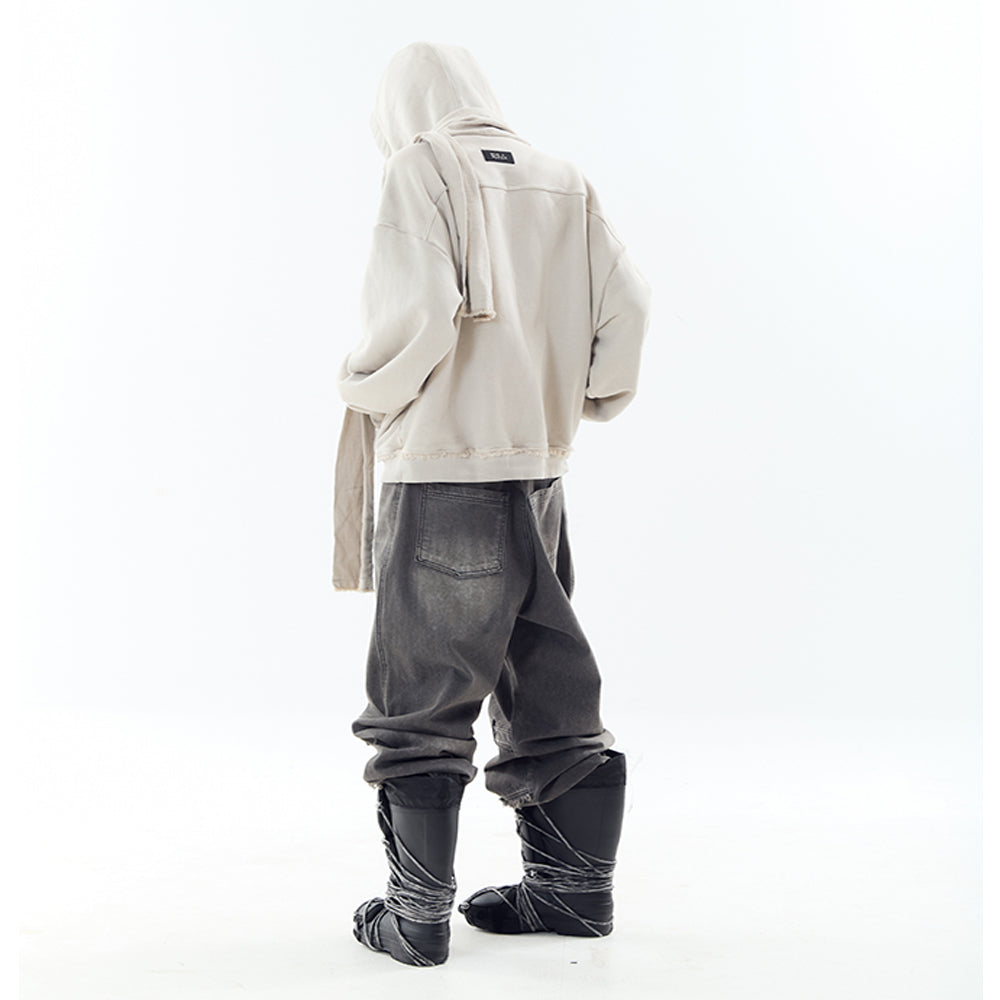 Dyed Raw-edged Hoodie with Linen Muffler