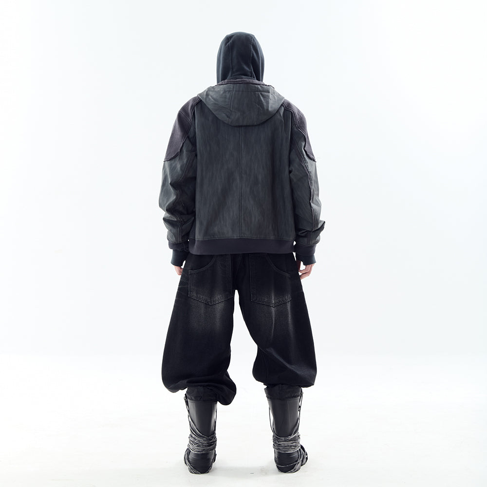 Destroyed Leather and Linen Hoodie Zip-up Jacket