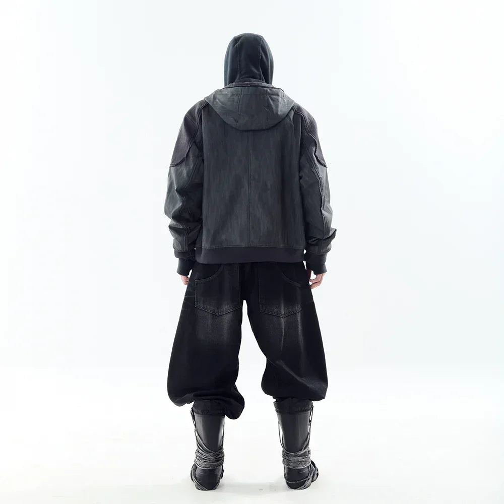 Destroyed Leather and Linen Hoodie Zip-up Jacket - BLR BLUER - VENTURER