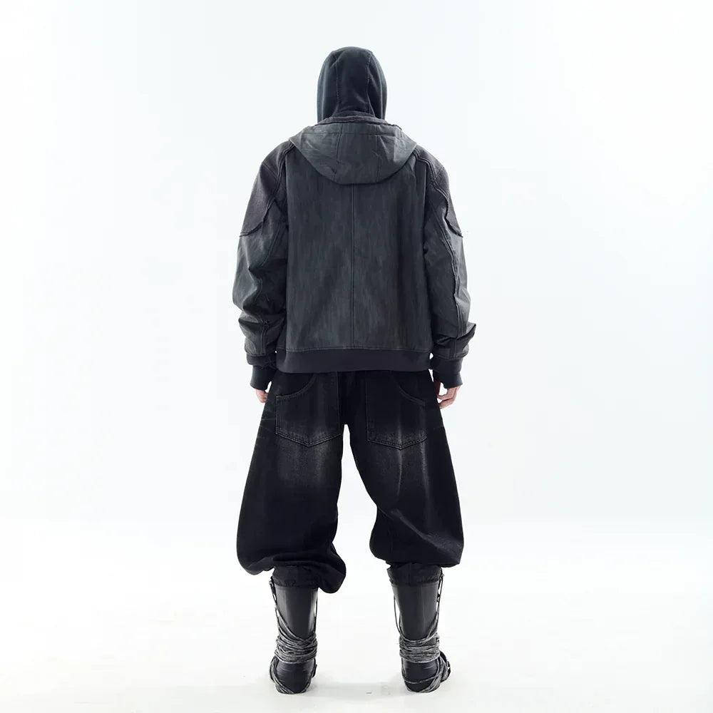 Destroyed Leather and Linen Hoodie Zip-up Jacket - BLR BLUER - VENTURER
