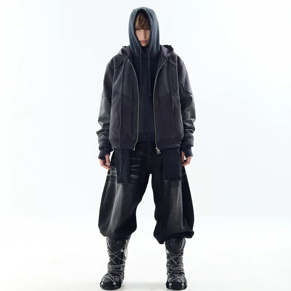 Destroyed Leather and Linen Hoodie Zip-up Jacket - BLR BLUER - VENTURER