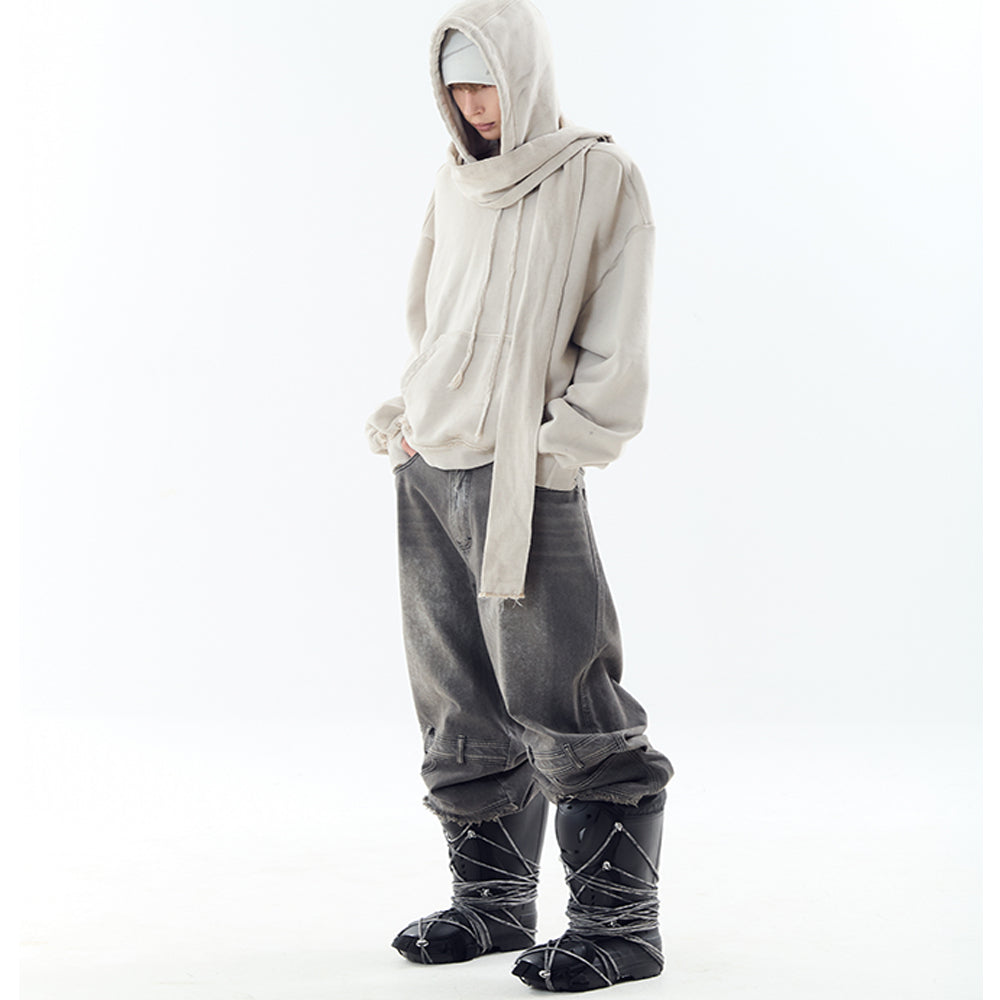 Dyed Raw-edged Hoodie with Linen Muffler