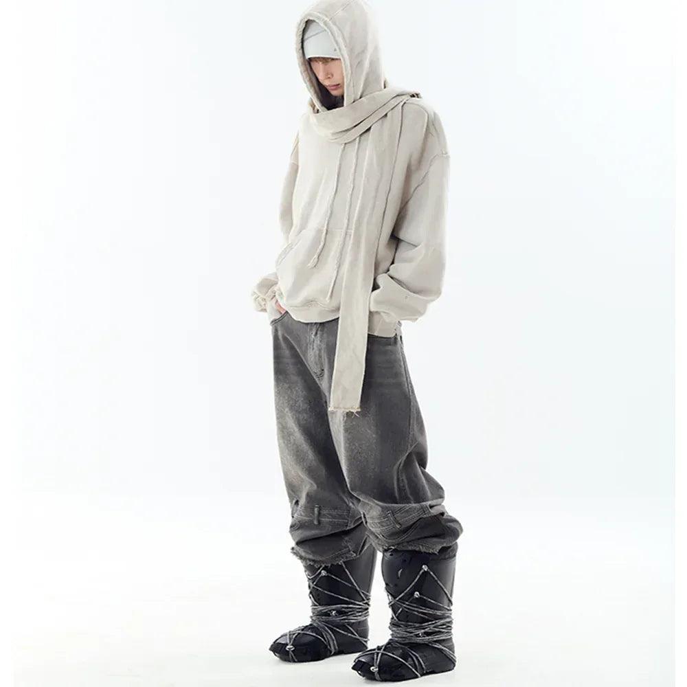 Dyed Raw-edged Hoodie with Linen Muffler - BLR BLUER - VENTURER