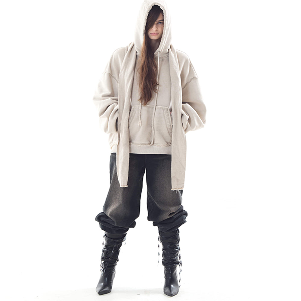 Dyed Raw-edged Hoodie with Linen Muffler