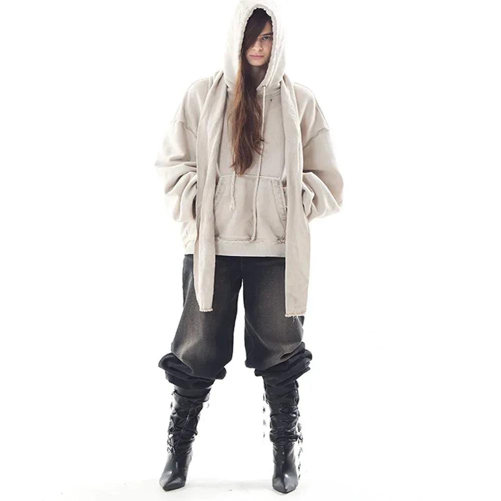 Dyed Raw-edged Hoodie with Linen Muffler - BLR BLUER - VENTURER