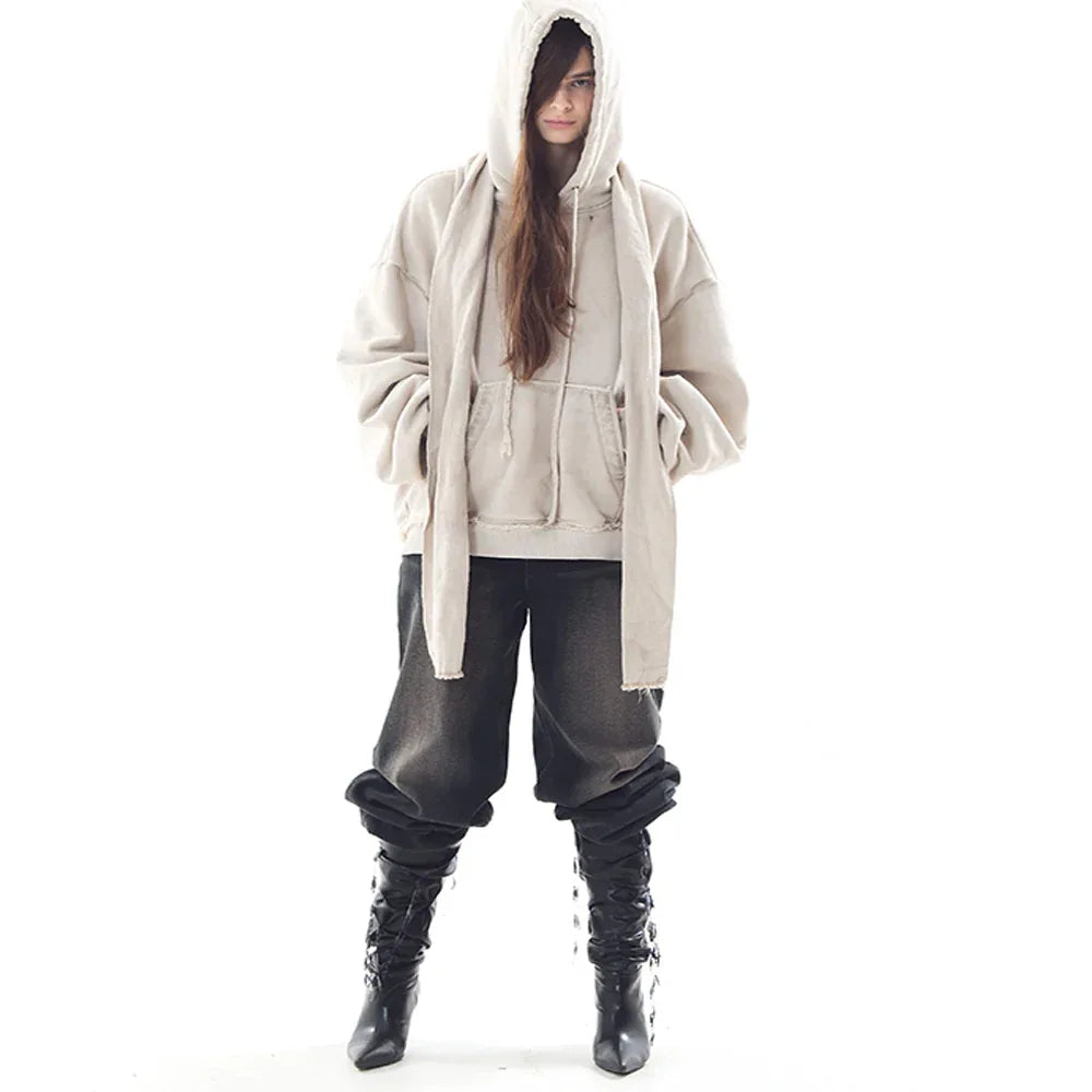 Dyed Raw-edged Hoodie with Linen Muffler - BLR BLUER - VENTURER