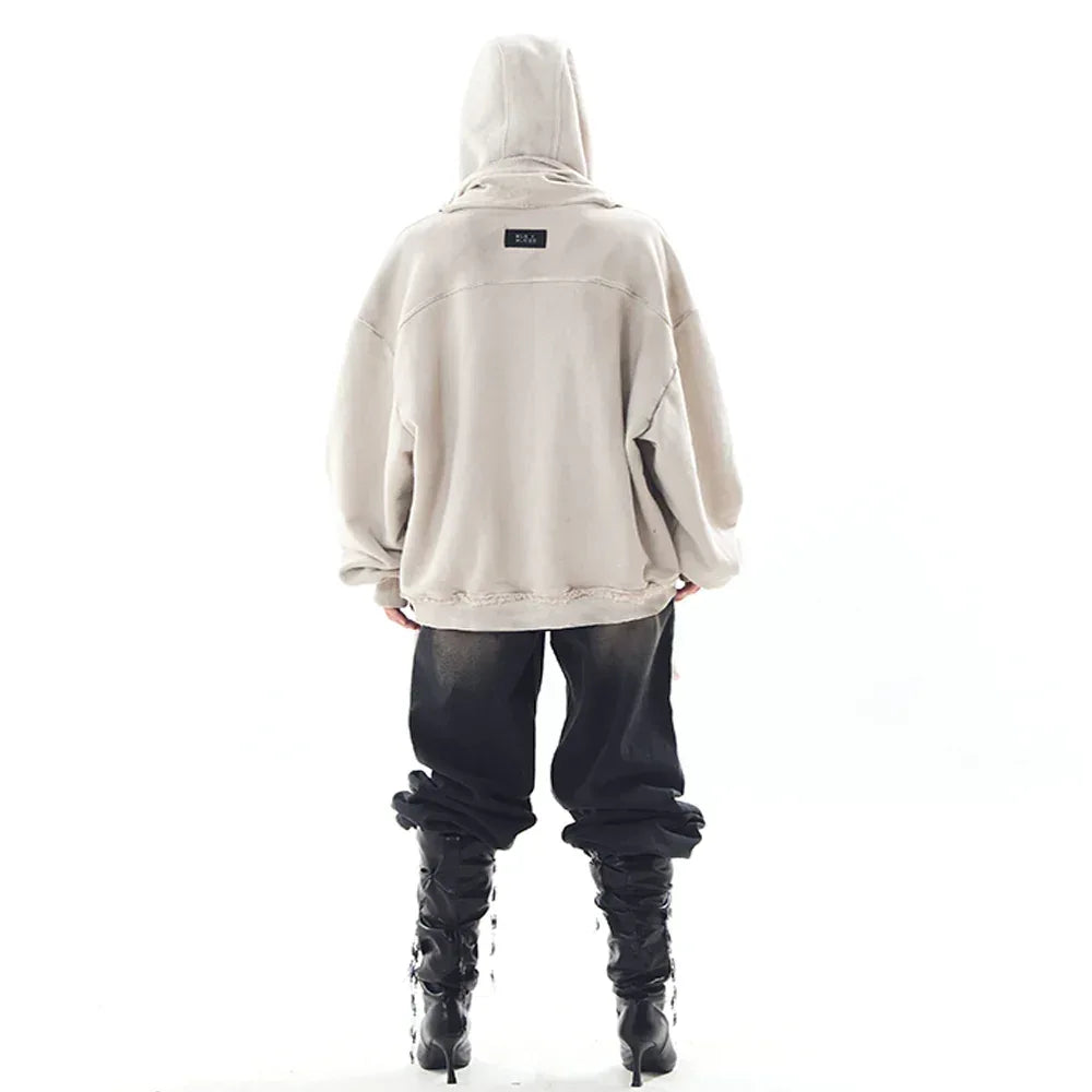 Dyed Raw-edged Hoodie with Linen Muffler - BLR BLUER - VENTURER